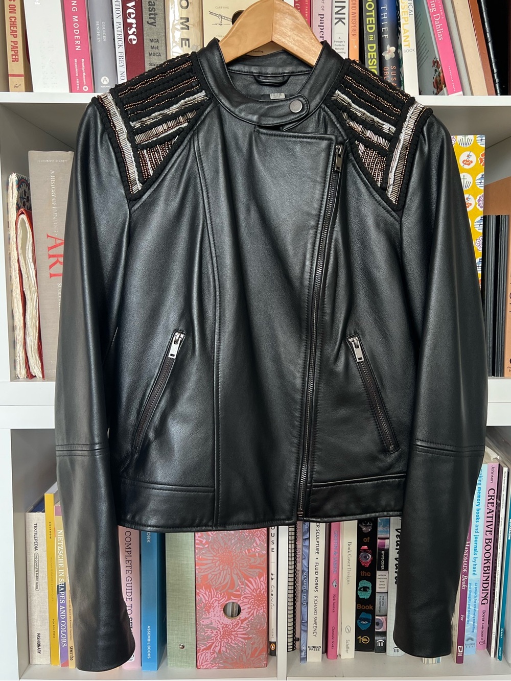 Black Leather Moto Biker Jacket with Beaded Statement Shoulder & Stand Collar M